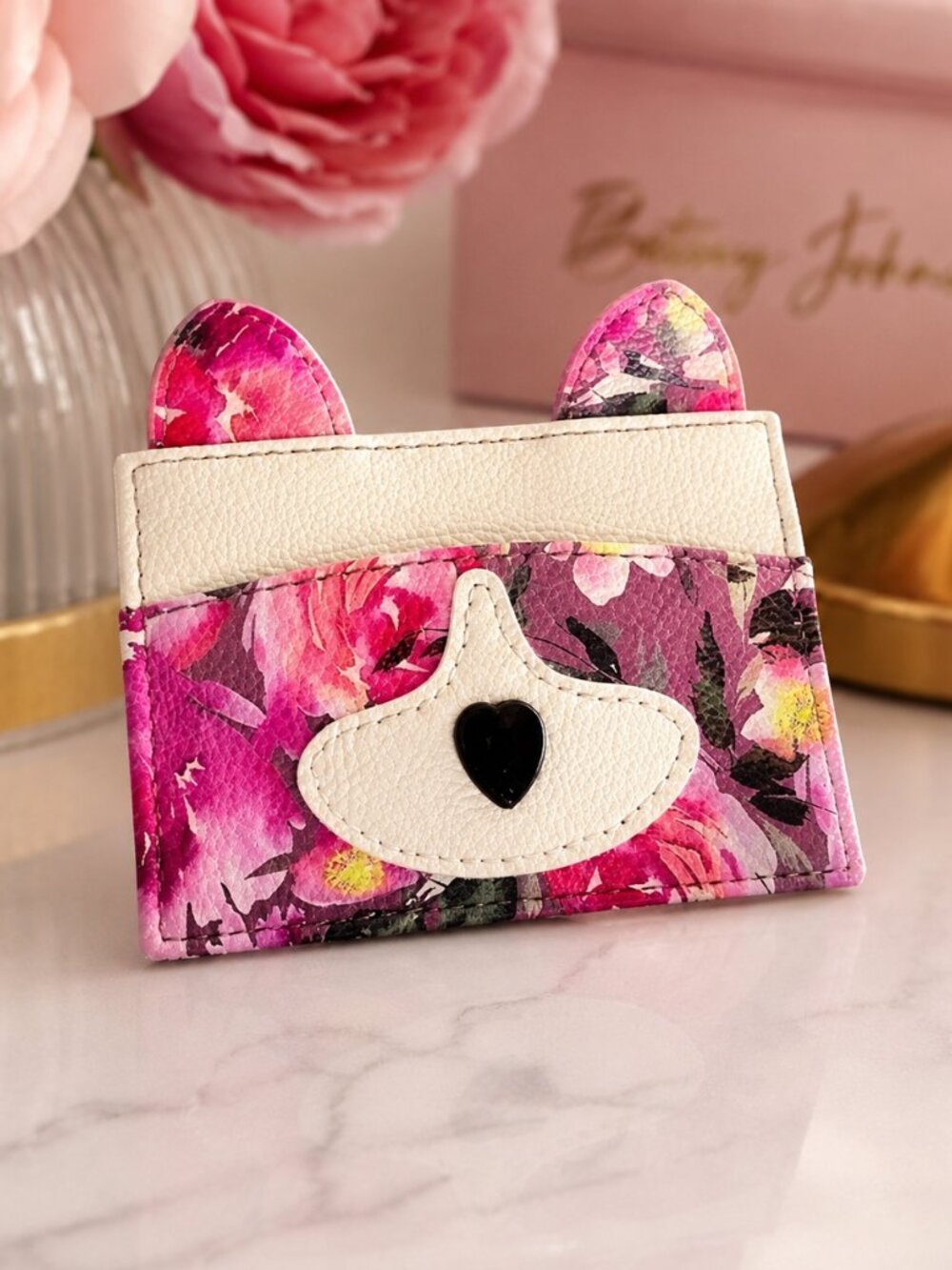 Betsey Johnson Floral Puppy Dog Card Holder Key Ring NWT